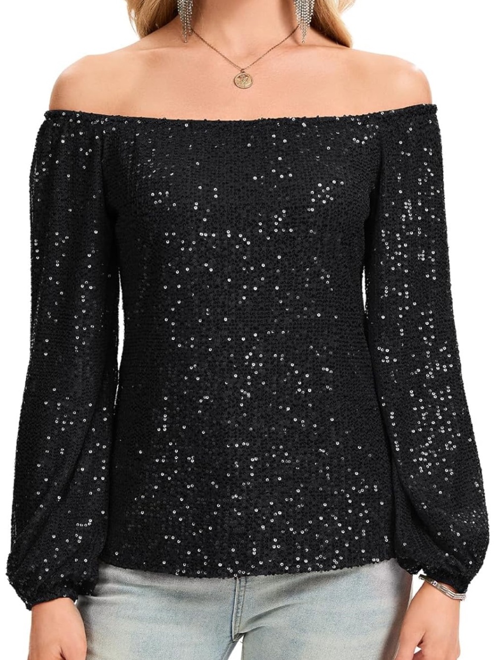 Sequin Top Long Sleeve Glitter Sparkly Party Top Off The Shoulder M 1594/bb10-1